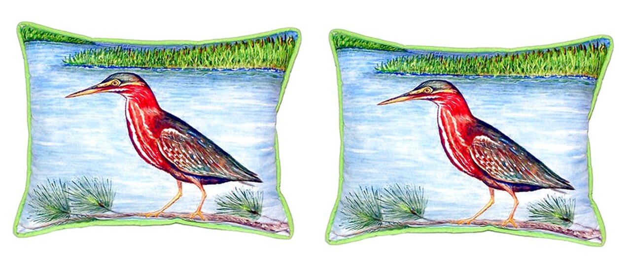 Pair of Betsy Drake Green Heron II Small Outdoor Pillows 11X 14